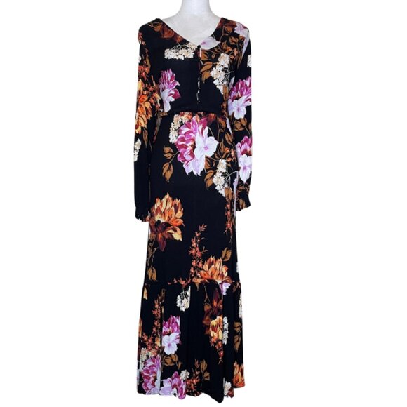 Beige by eci Black Floral Print Buttoned Balloon Sleeve  Maxi Dress Cottagecore - Picture 1 of 8